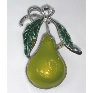 Pear Enamel Brooch 1.75" Green & Silver-Tone Fruit Pin w/ Crystal Accent
